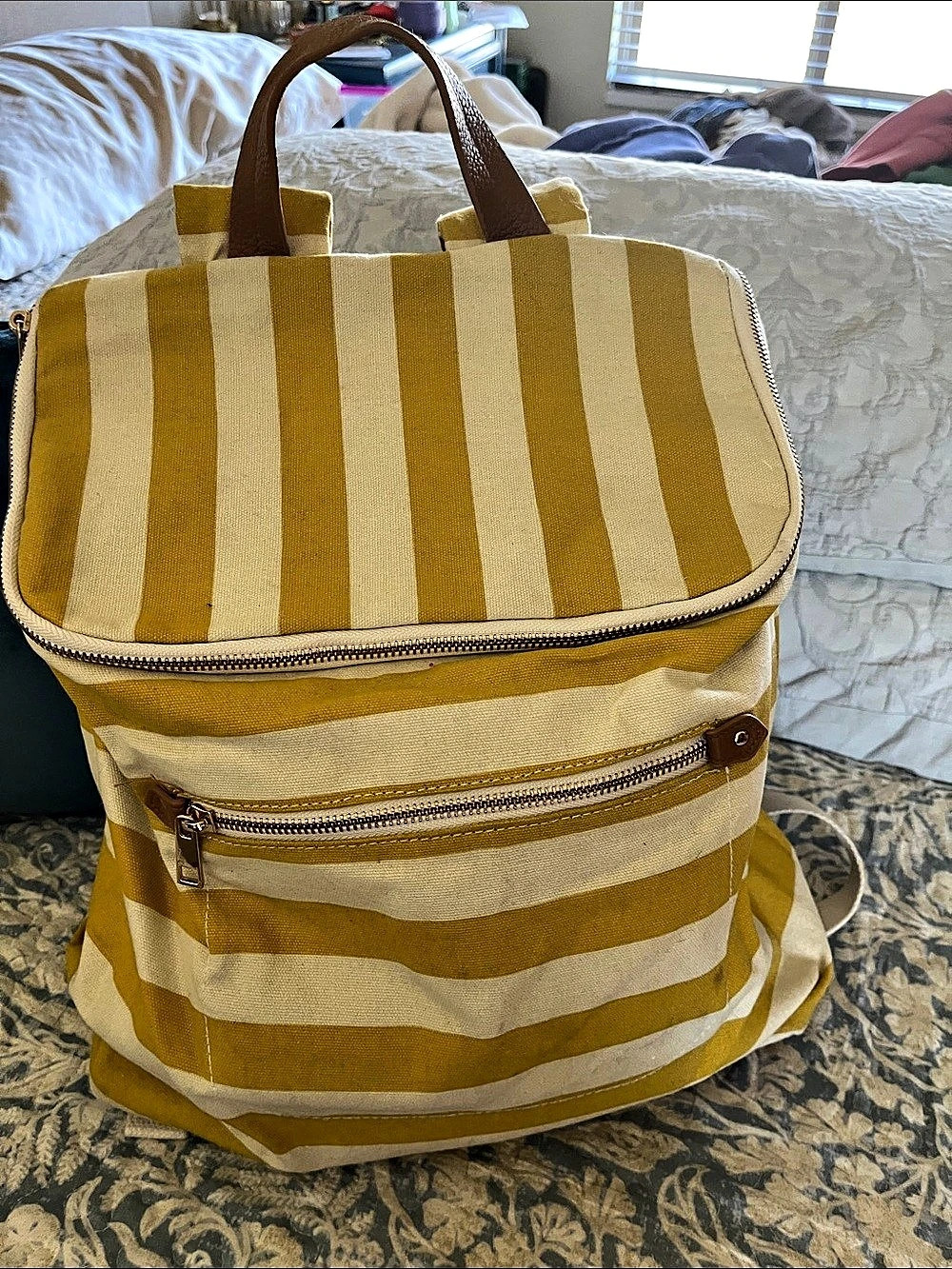 A New Day Striped Canvas Backpack in Yellow & Cream